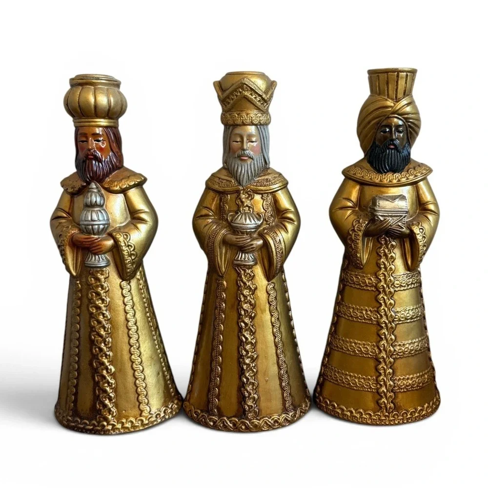 Vintage 9 Inch Papier Mache 3 Kings Candle Holder Set Gold Wise Men Japan JC-217